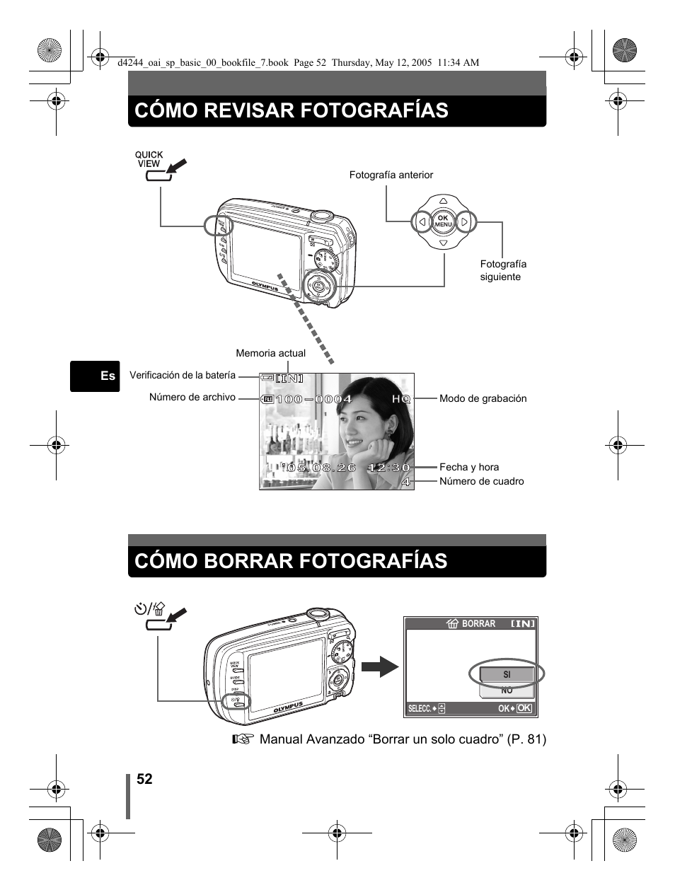 Cómo revisar fotografías, Cómo borrar fotografías | Olympus 800 User Manual | Page 52 / 68