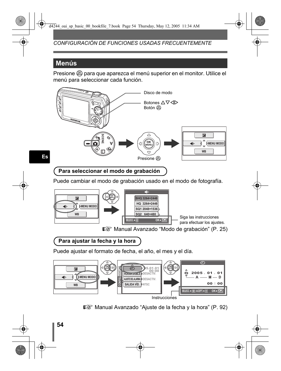 Menús, Para seleccionar el modo de grabación, Configuración de funciones usadas frecuentemente | Olympus 800 User Manual | Page 54 / 68