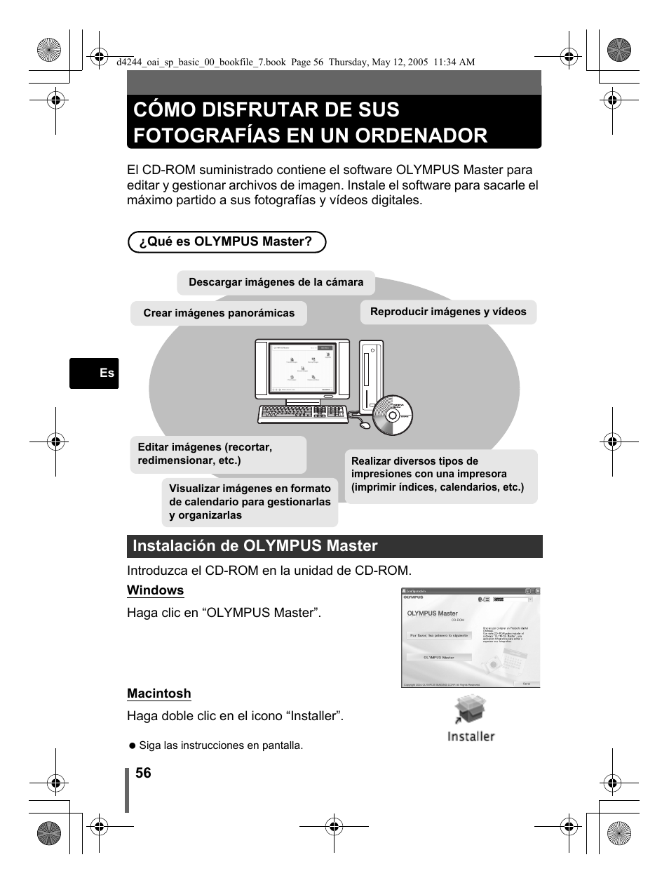 Cómo disfrutar de sus fotografías en un ordenador, Instalación de olympus master | Olympus 800 User Manual | Page 56 / 68