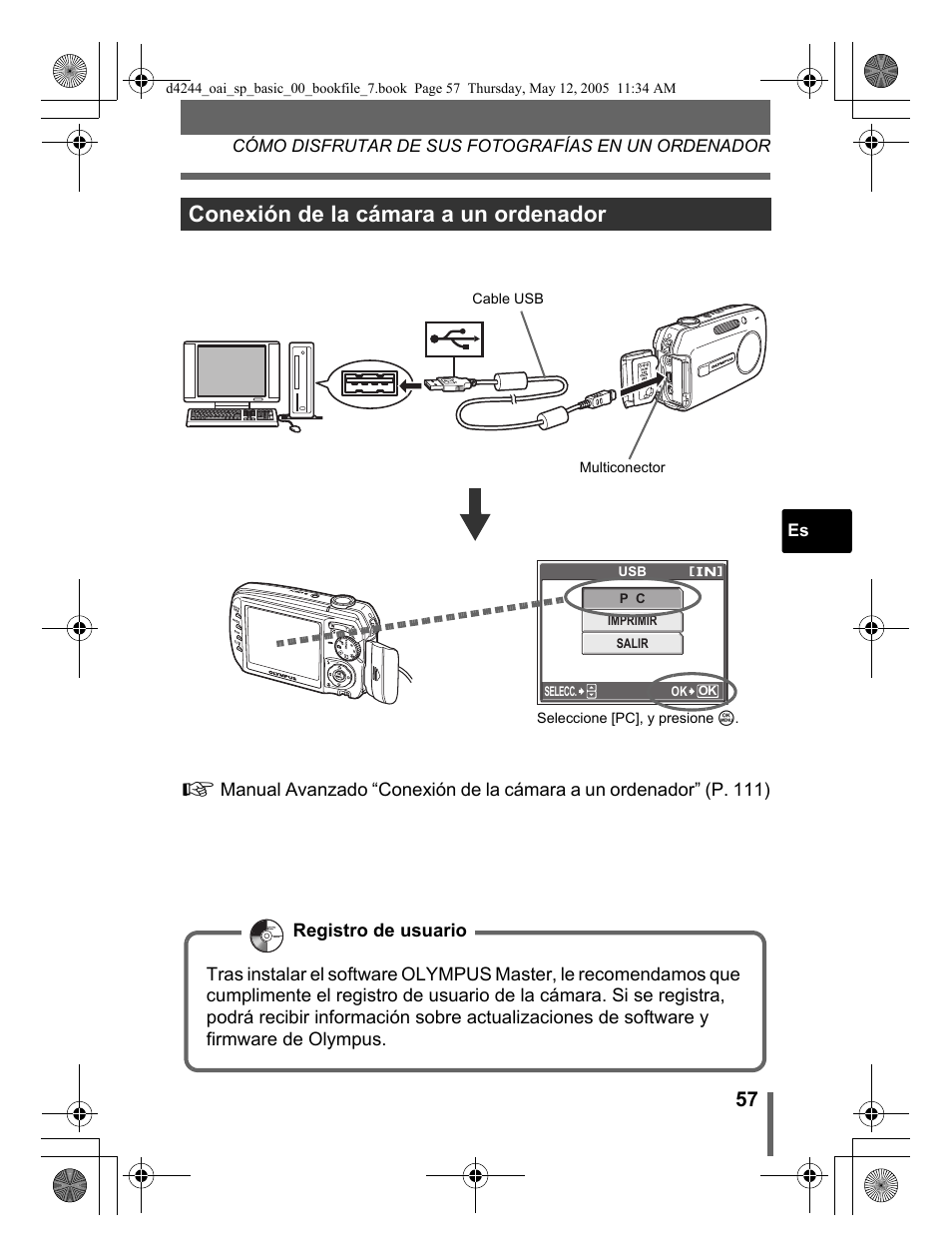 Conexión de la cámara a un ordenador | Olympus 800 User Manual | Page 57 / 68