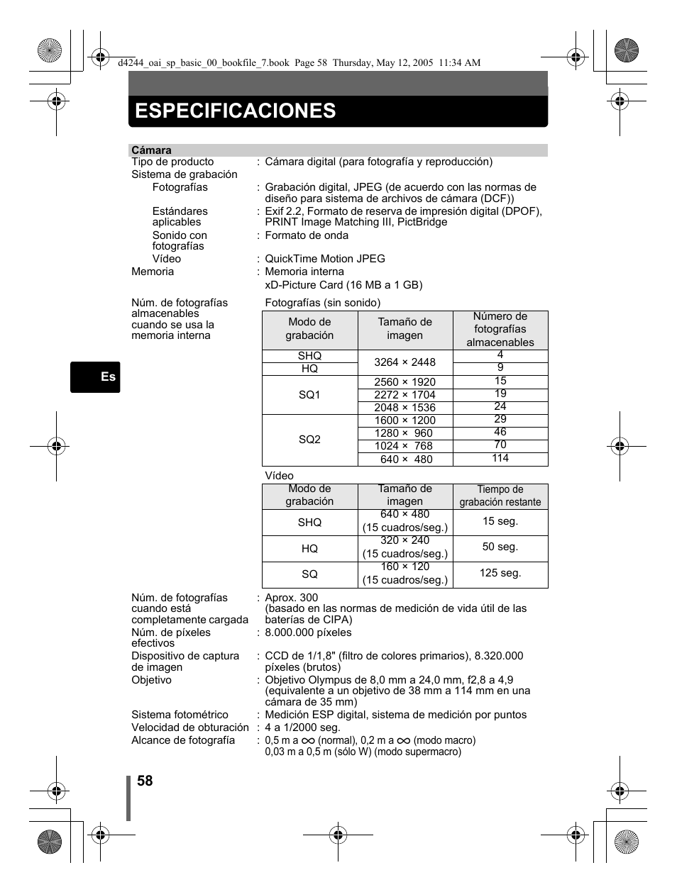Especificaciones | Olympus 800 User Manual | Page 58 / 68