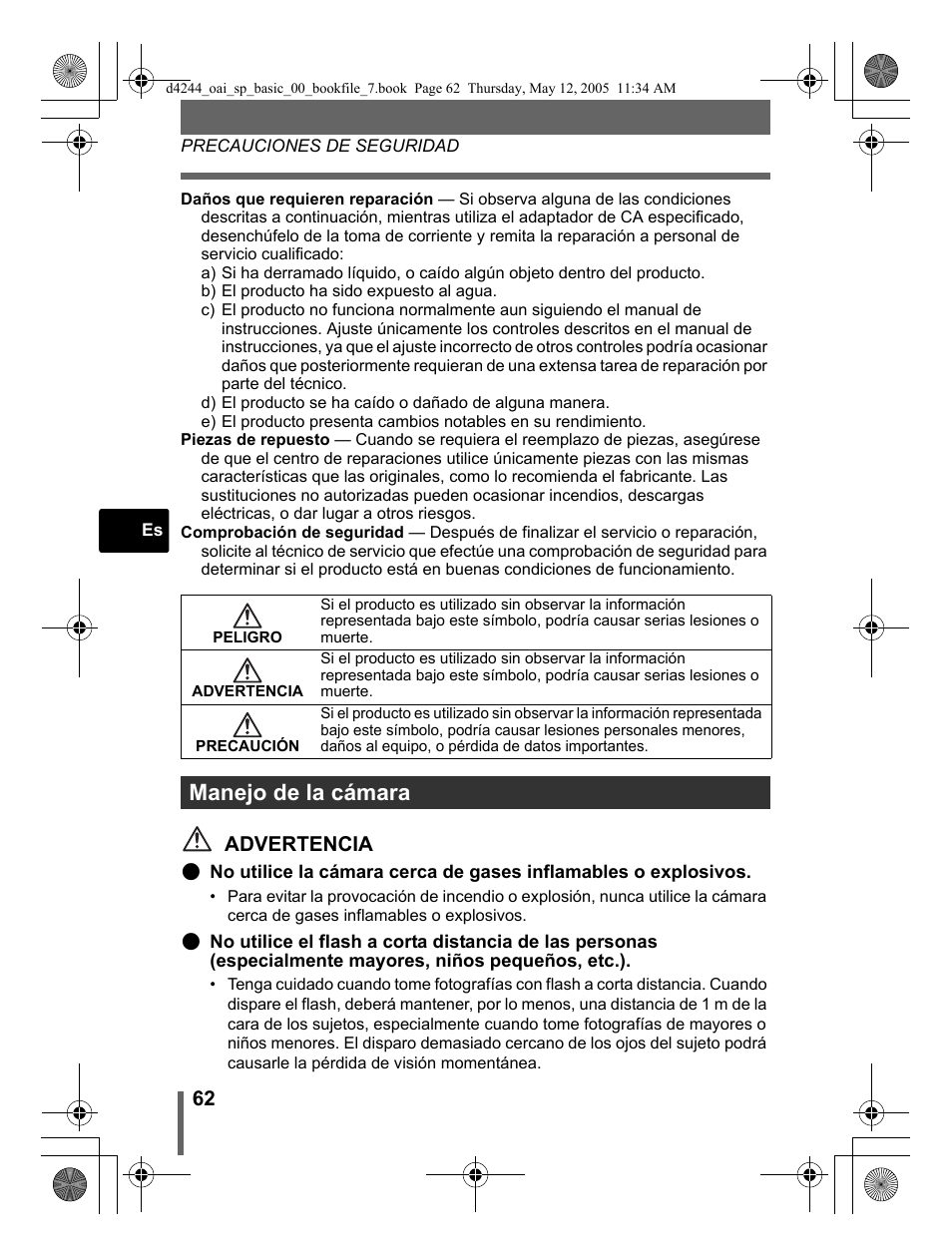 Manejo de la cámara, Advertencia | Olympus 800 User Manual | Page 62 / 68