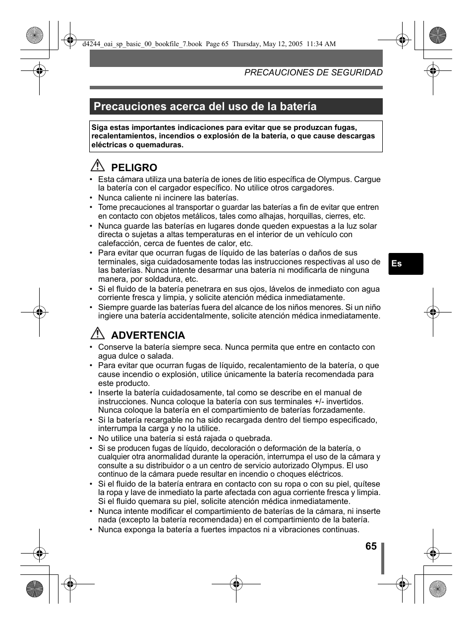 Precauciones acerca del uso de la batería, Peligro, Advertencia | Olympus 800 User Manual | Page 65 / 68
