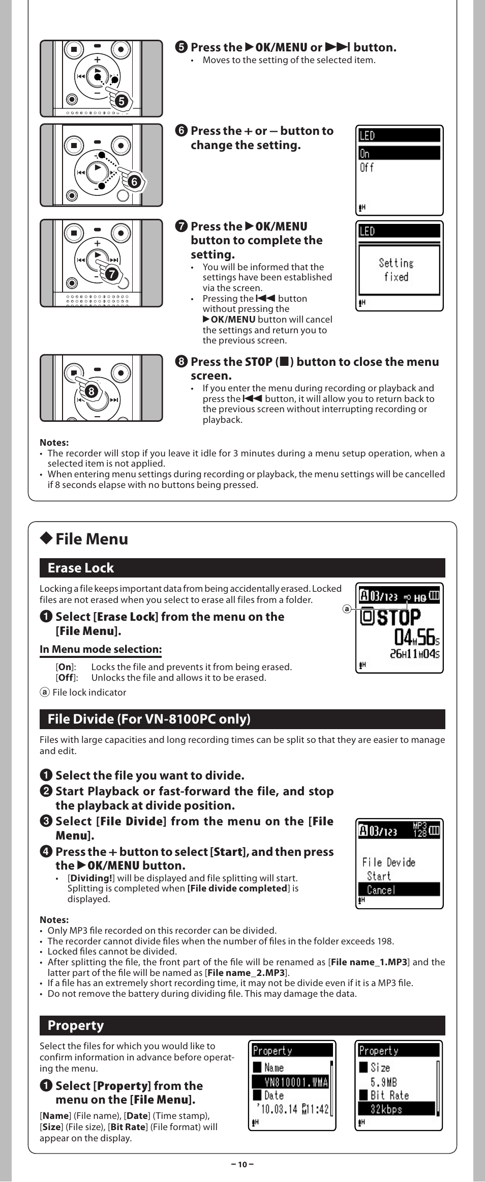 H file menu, Erase lock, File divide (for vn-8100pc only) | Property | Olympus VN 8100PC User Manual | Page 10 / 18