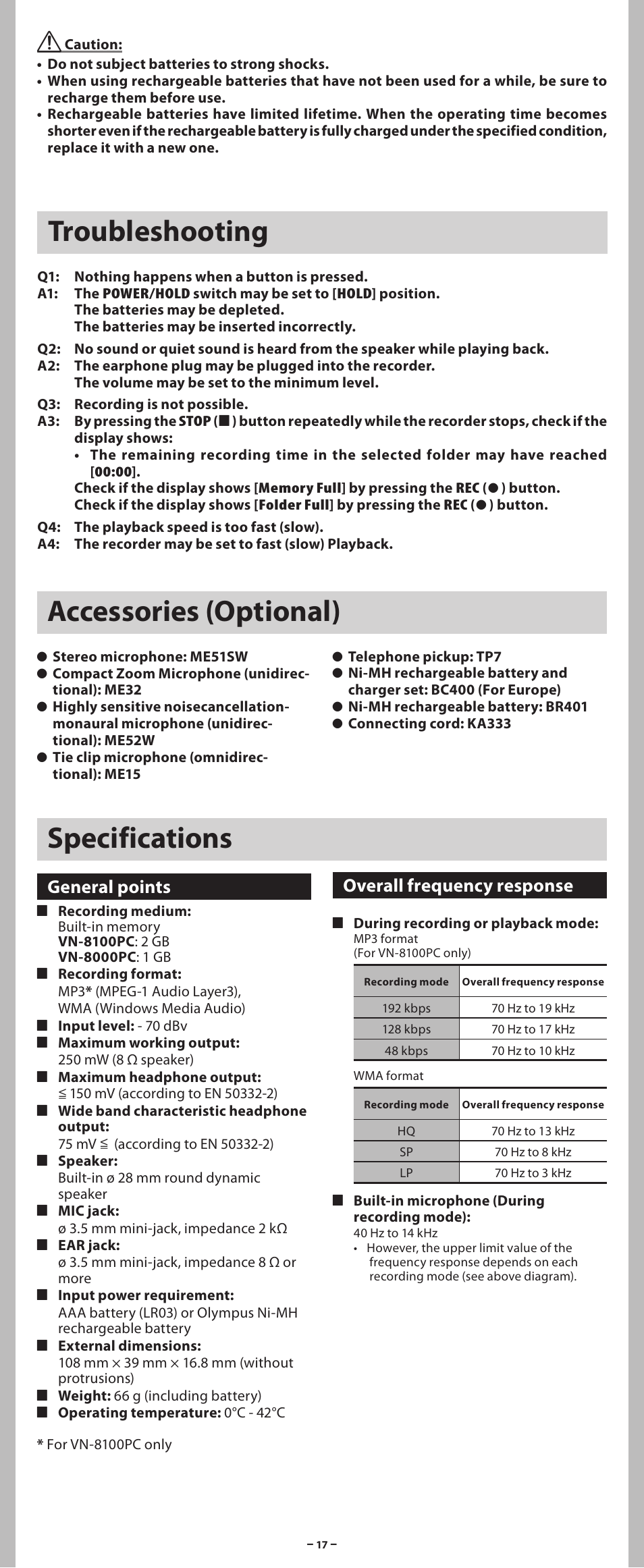 Troubleshooting specifications, Accessories (optional), General points | Overall frequency response | Olympus VN 8100PC User Manual | Page 17 / 18