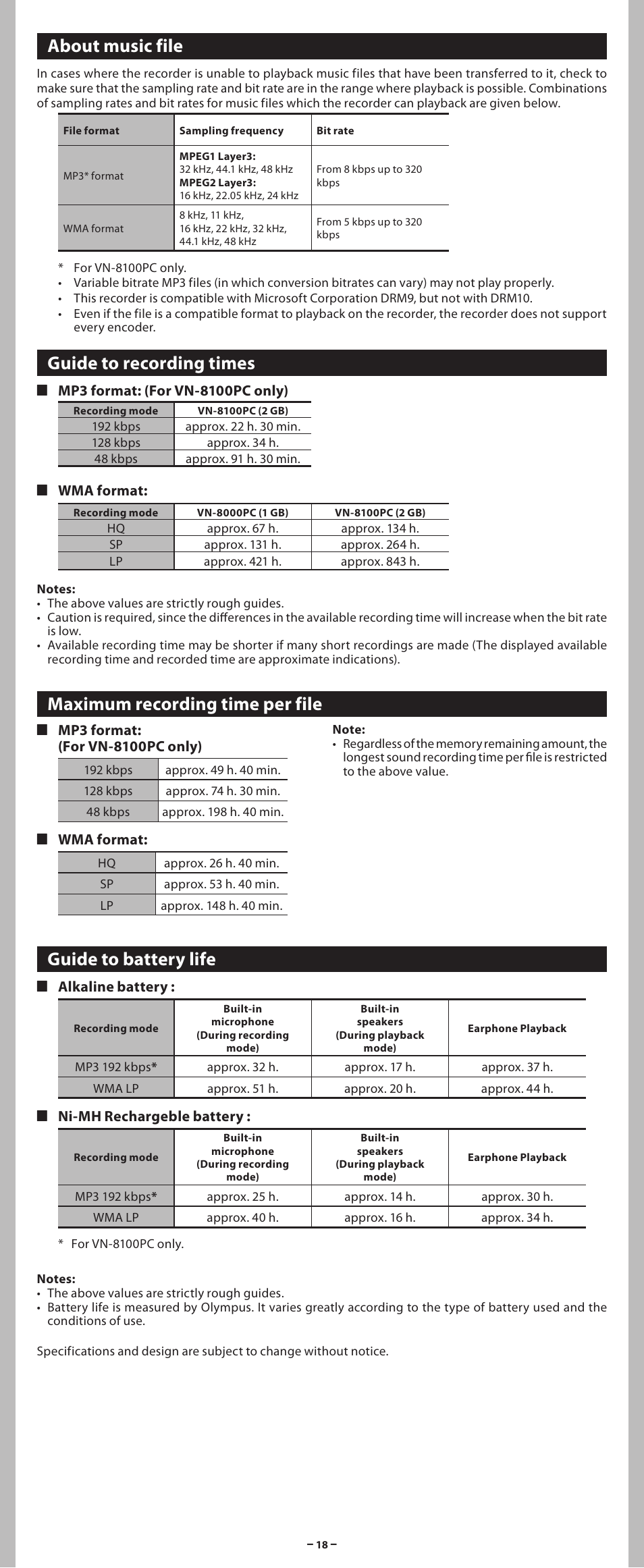 About music file, Guide to recording times, Maximum recording time per file | Guide to battery life, 4 wma format, 4 alkaline battery, 4 ni-mh rechargeble battery | Olympus VN 8100PC User Manual | Page 18 / 18