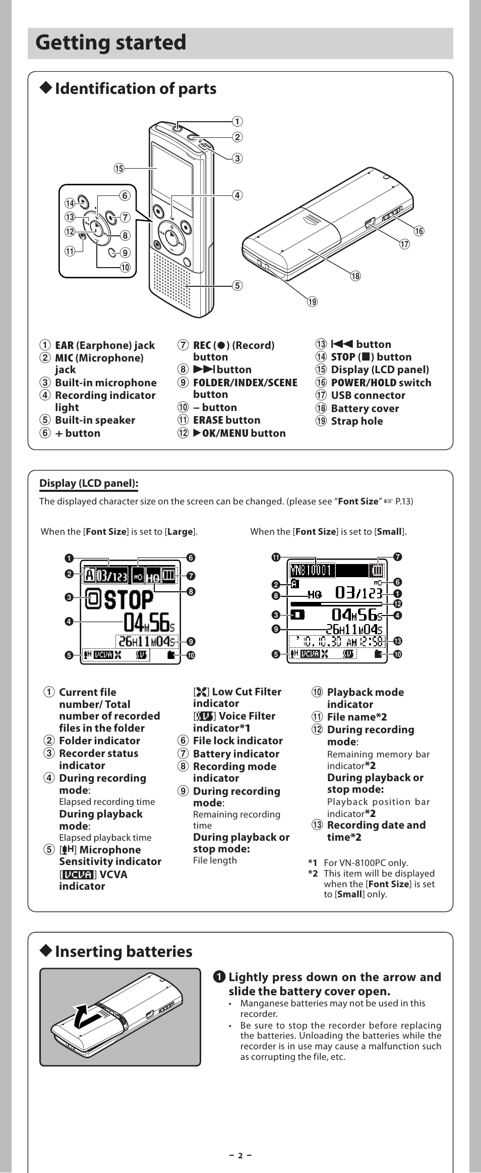 Getting started, H inserting batteries h identification of parts | Olympus VN 8100PC User Manual | Page 2 / 18