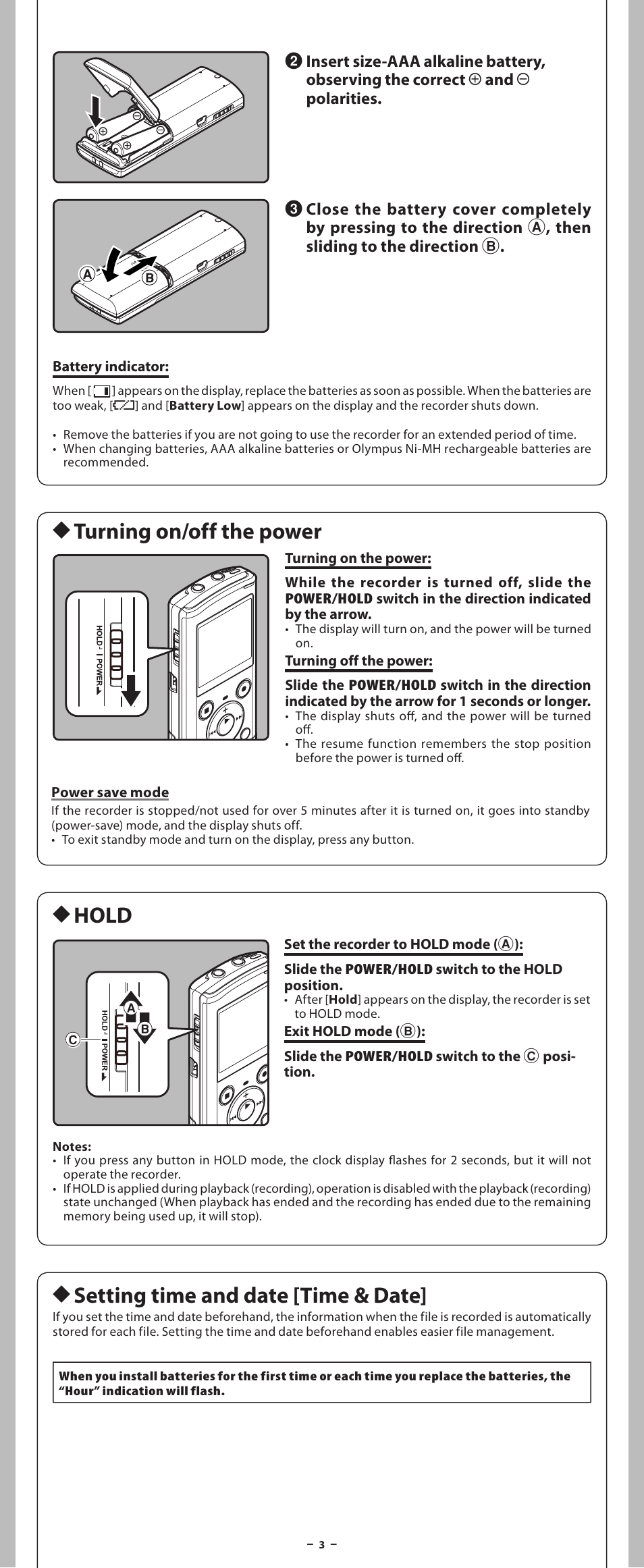 H turning on/off the power, H hold, H setting time and date [time & date | Olympus VN 8100PC User Manual | Page 3 / 18