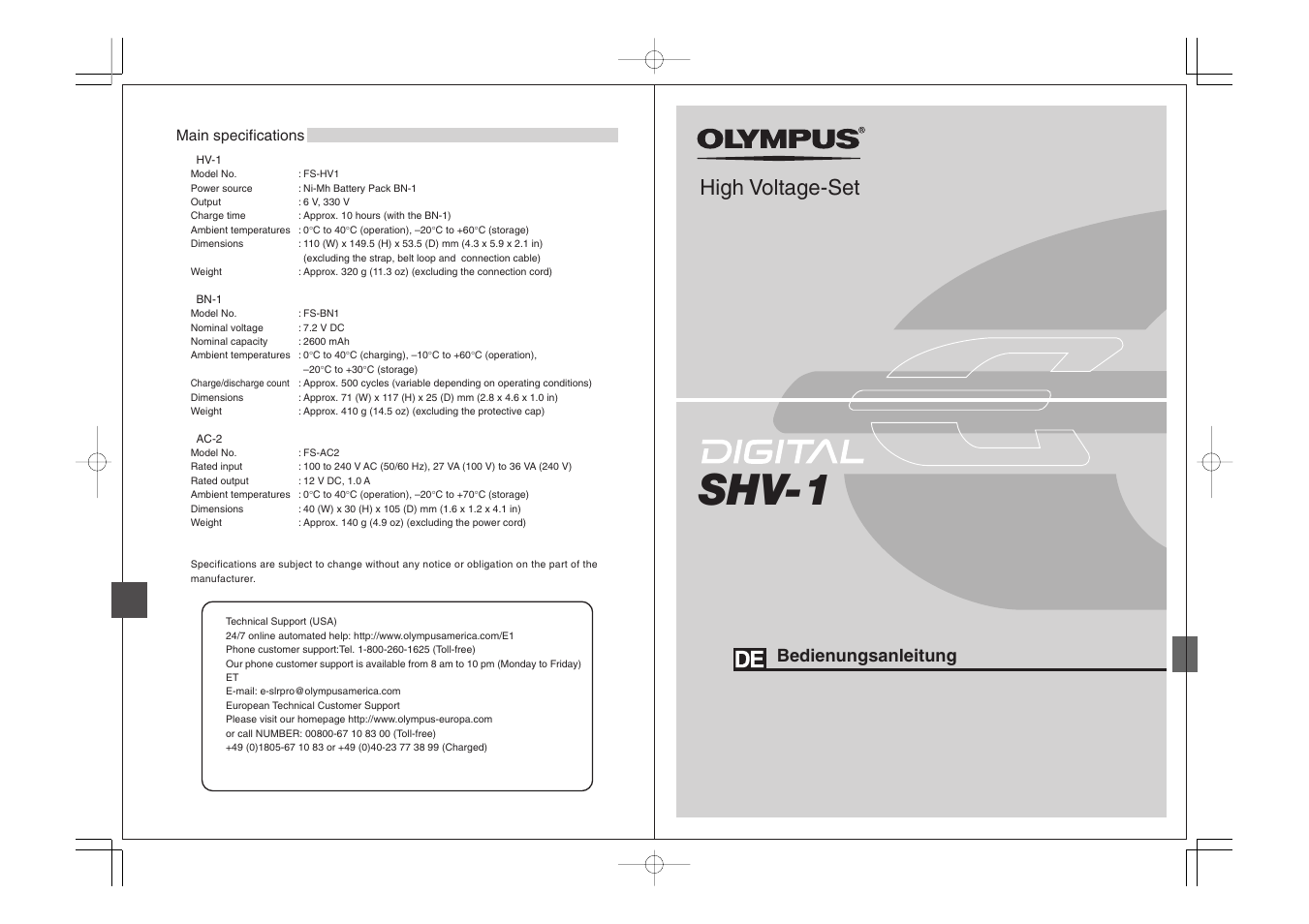 Main specifications, Shv-1, High voltage-set | Bedienungsanleitung | Olympus SHV-1 User Manual | Page 10 / 11