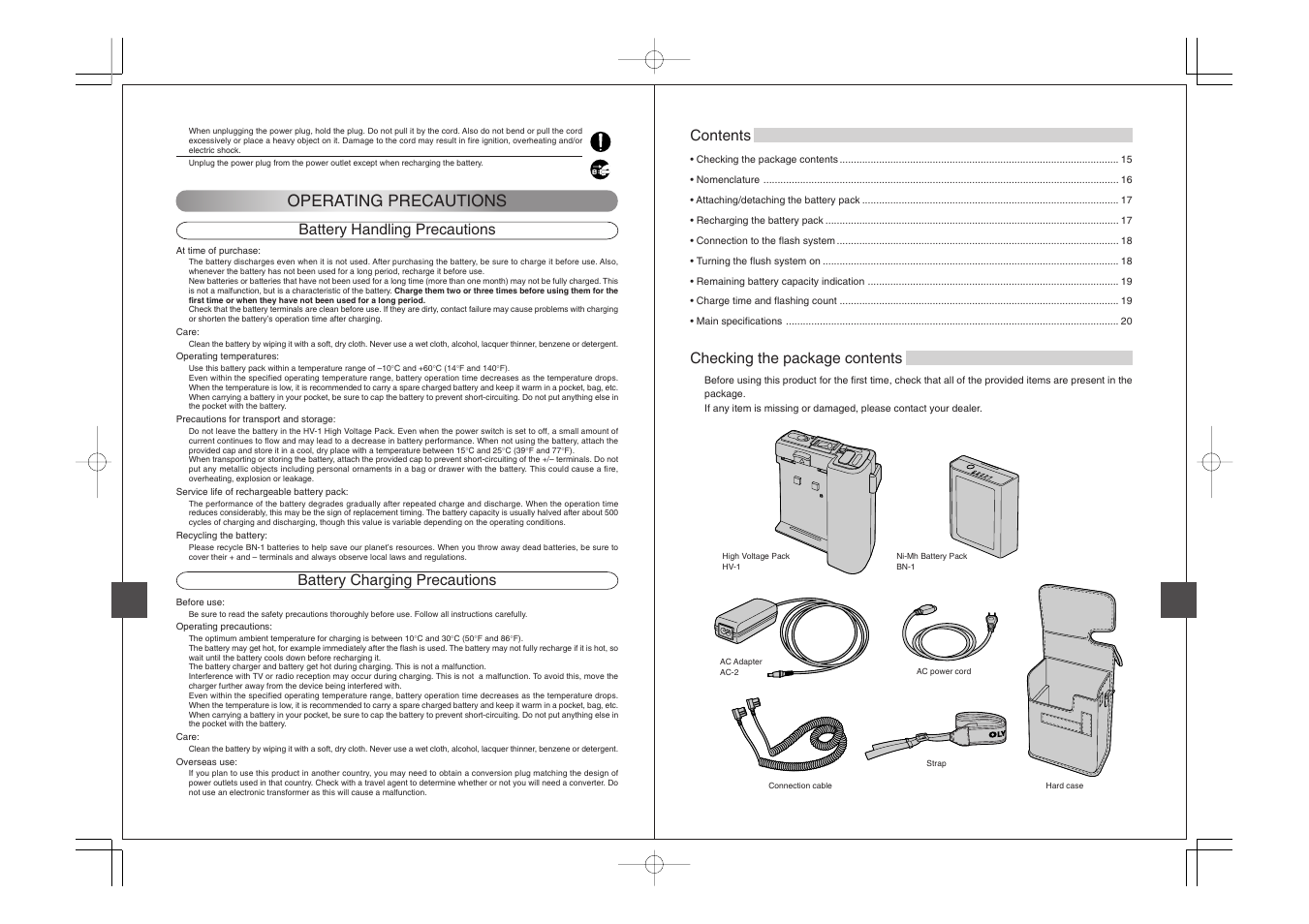 Checking the package contents, Operating precautions, Checking the package contents contents | Battery handling precautions, Battery charging precautions | Olympus SHV-1 User Manual | Page 5 / 11