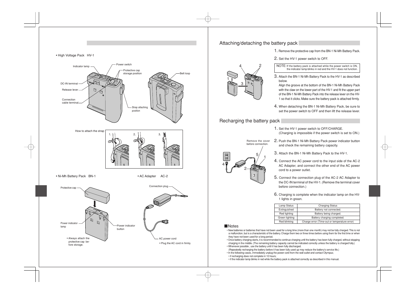 Attaching/detaching the battery pack, Recharging the battery pack | Olympus SHV-1 User Manual | Page 7 / 11