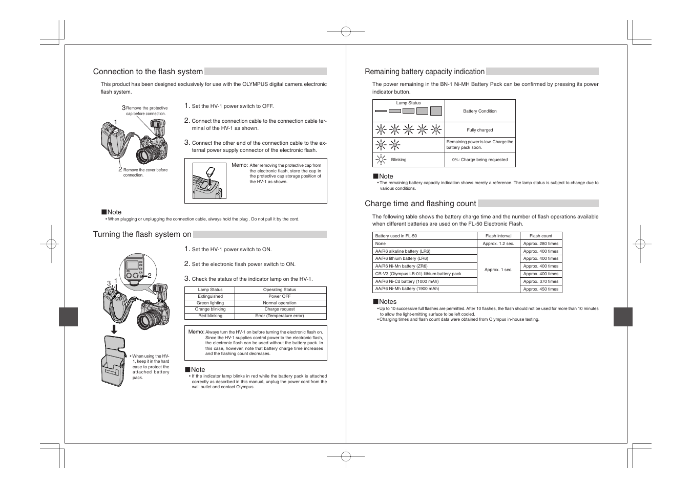 Remaining battery capacity indication, Charge time and flashing count | Olympus SHV-1 User Manual | Page 9 / 11