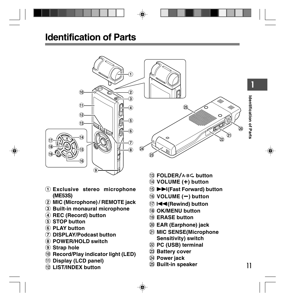 Identification of parts | Olympus DS-40 User Manual | Page 11 / 87