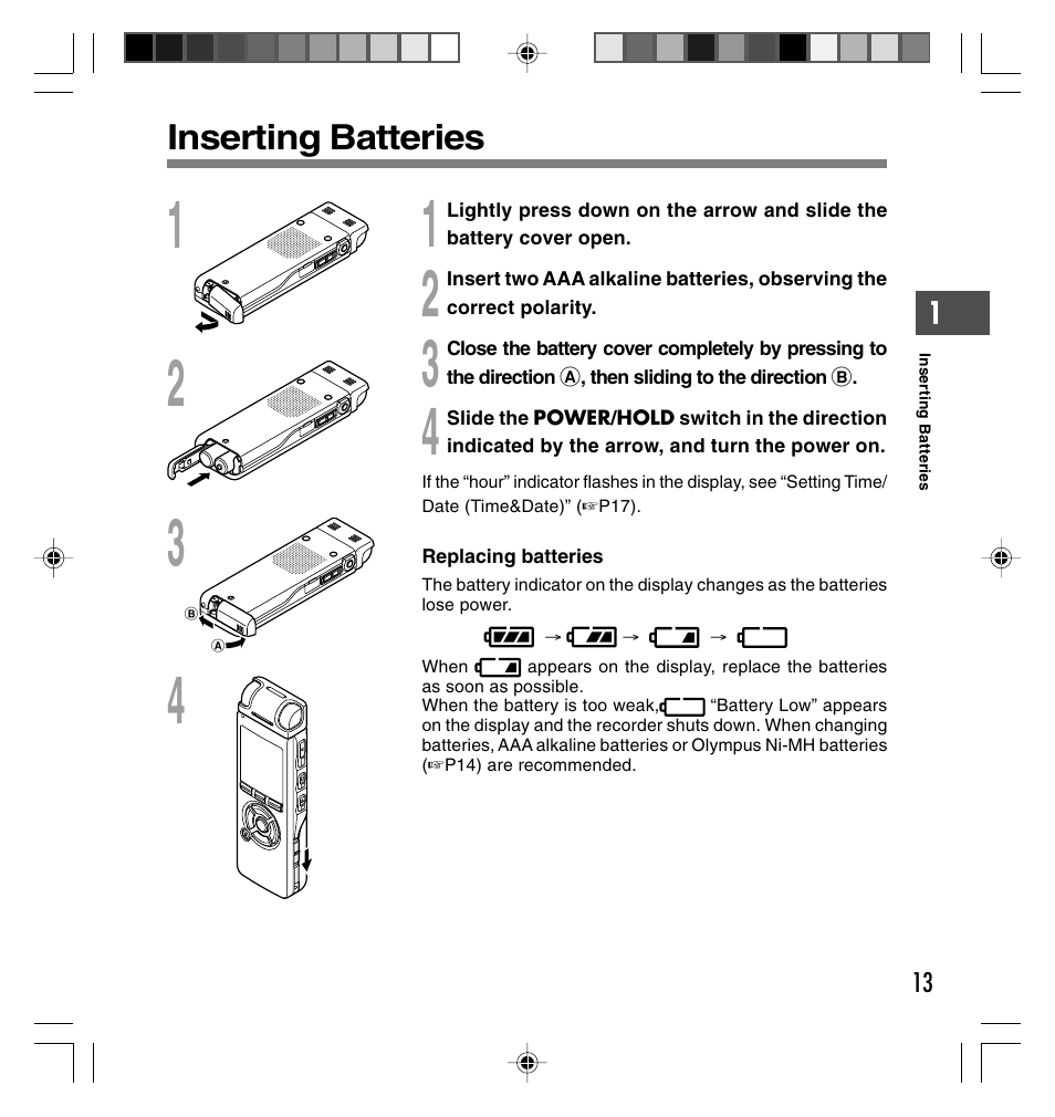 Inserting batteries | Olympus DS-40 User Manual | Page 13 / 87