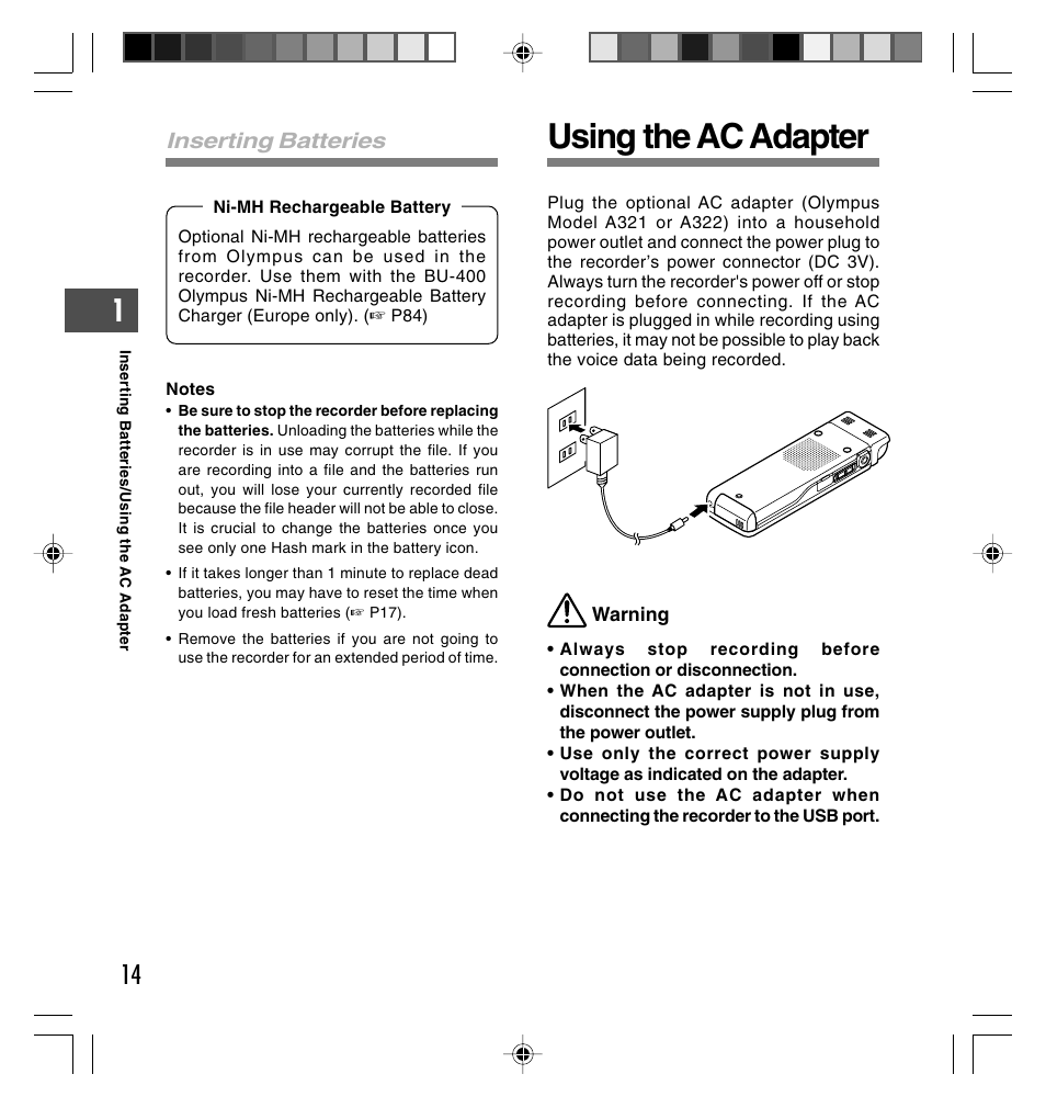 Using the ac adapter, Inserting batteries | Olympus DS-40 User Manual | Page 14 / 87