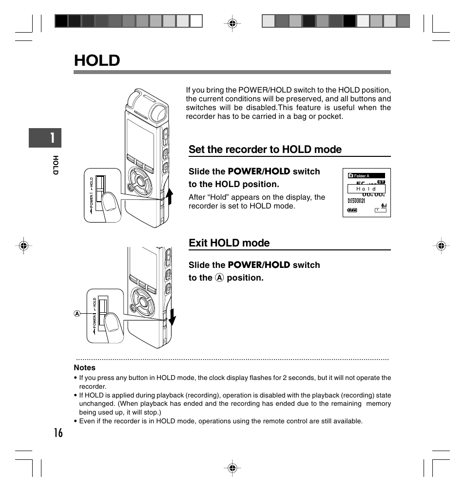 Hold, Set the recorder to hold mode, Exit hold mode | Olympus DS-40 User Manual | Page 16 / 87