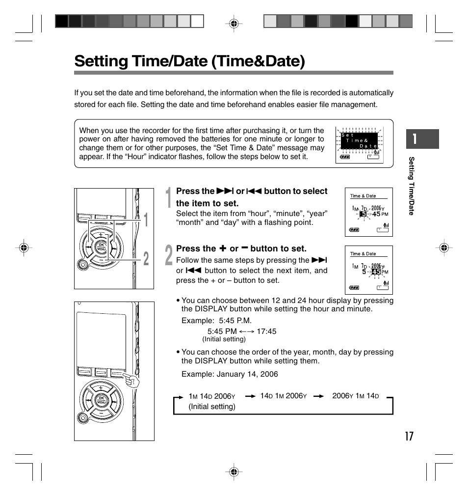 Setting time/date (time&date) | Olympus DS-40 User Manual | Page 17 / 87
