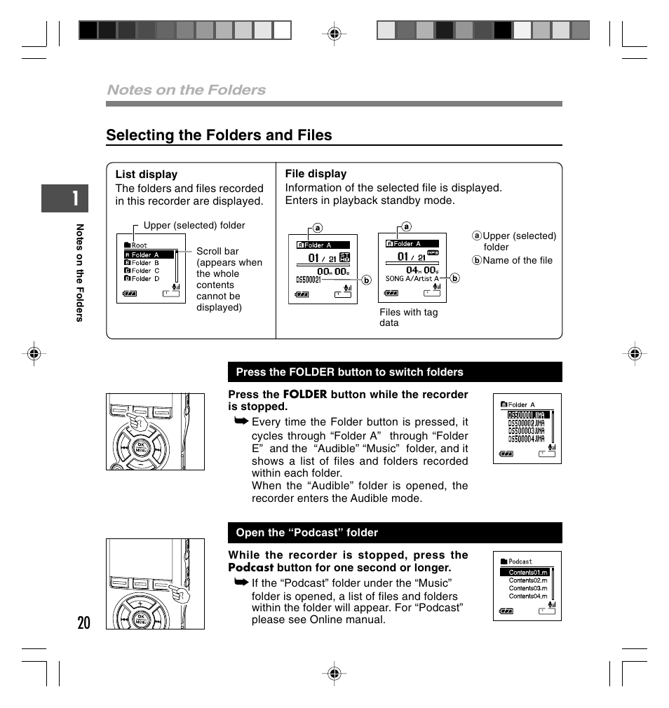 Selecting the folders and files | Olympus DS-40 User Manual | Page 20 / 87