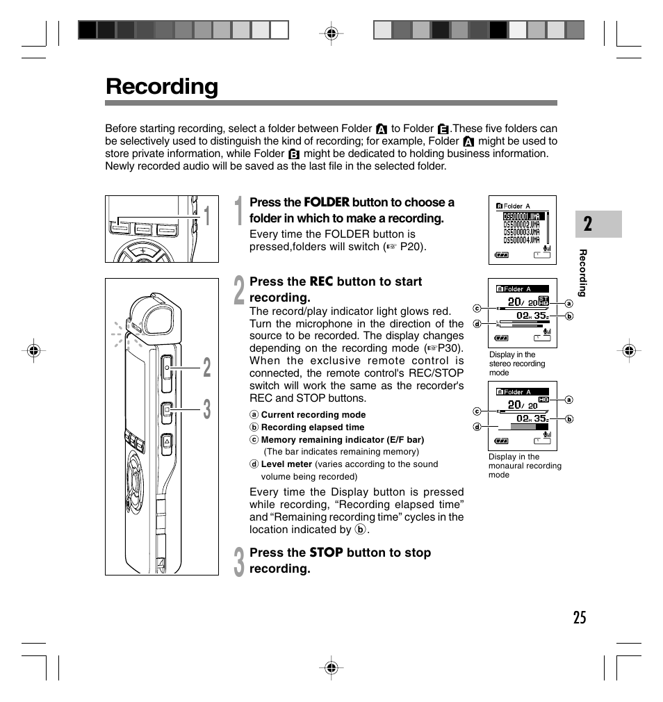 Recording | Olympus DS-40 User Manual | Page 25 / 87
