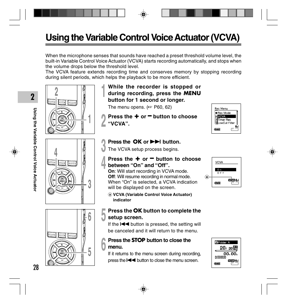 Using the variable control voice actuator (vcva) | Olympus DS-40 User Manual | Page 28 / 87