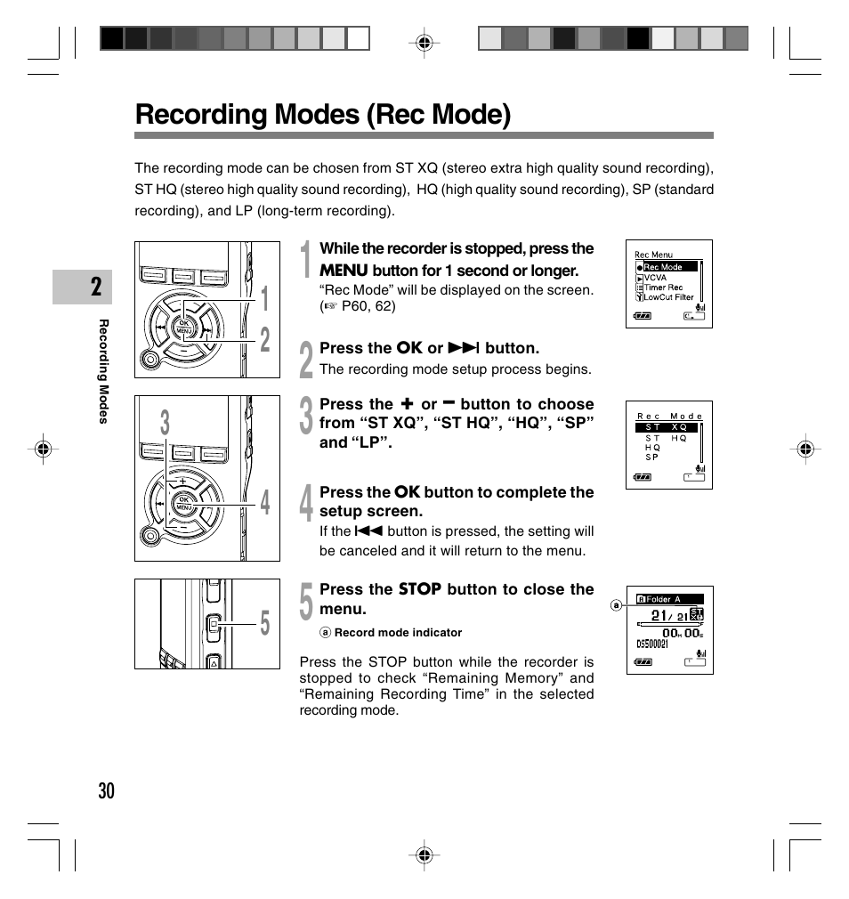 Recording modes (rec mode) | Olympus DS-40 User Manual | Page 30 / 87