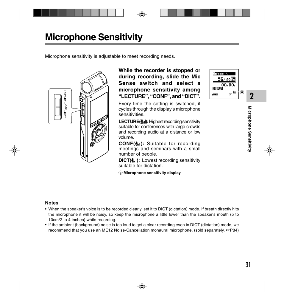 Microphone sensitivity | Olympus DS-40 User Manual | Page 31 / 87