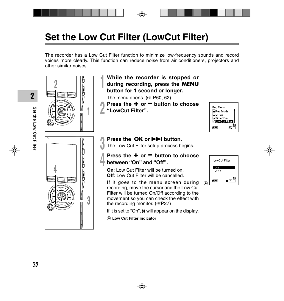 Set the low cut filter (lowcut filter) | Olympus DS-40 User Manual | Page 32 / 87