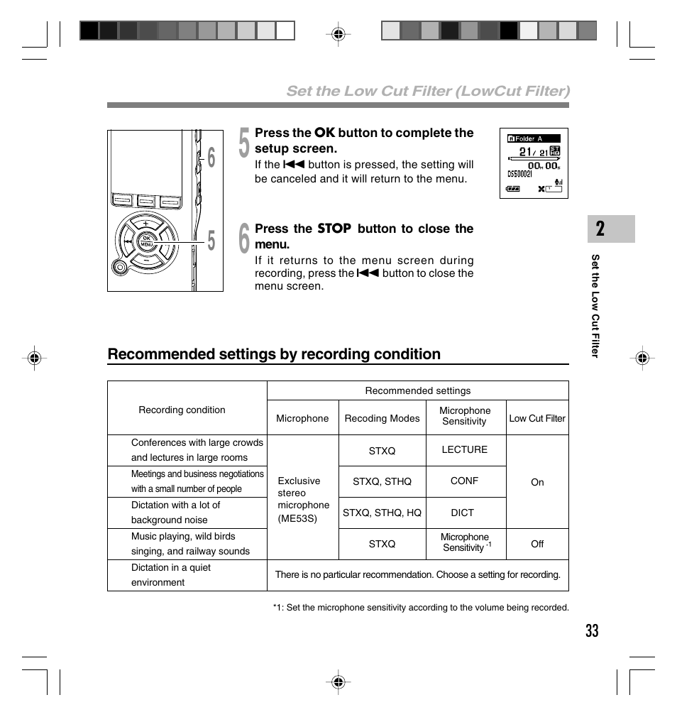 Recommended settings by recording condition | Olympus DS-40 User Manual | Page 33 / 87