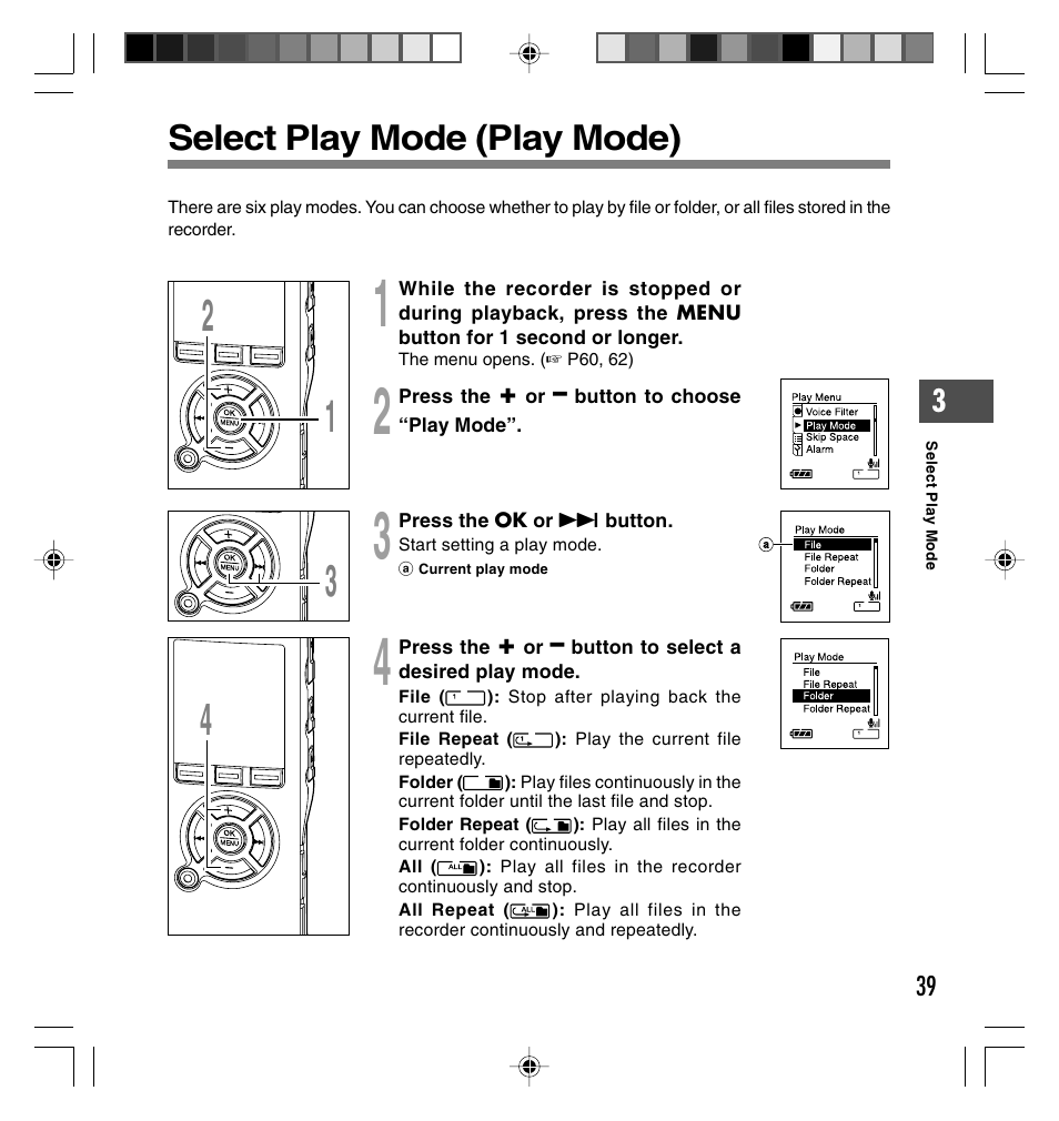 Select play mode (play mode) | Olympus DS-40 User Manual | Page 39 / 87