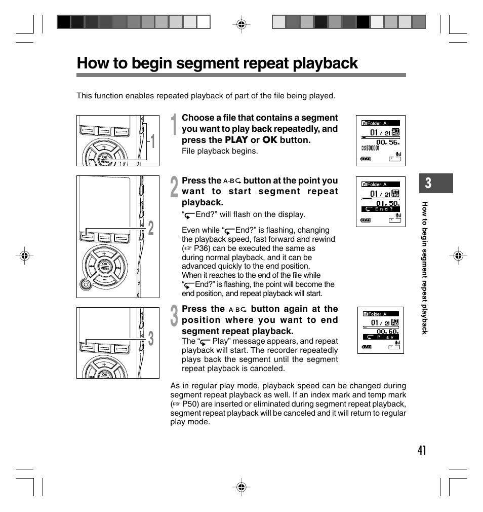 How to begin segment repeat playback | Olympus DS-40 User Manual | Page 41 / 87
