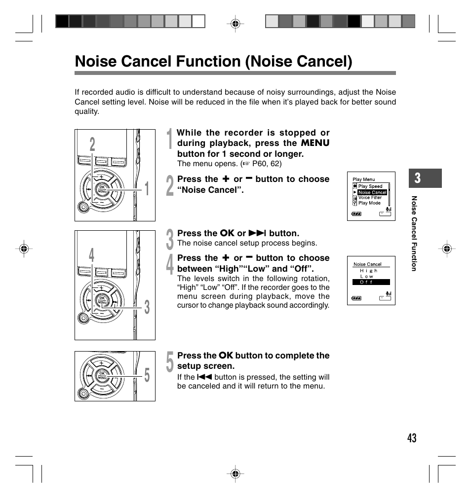 Noise cancel function (noise cancel) | Olympus DS-40 User Manual | Page 43 / 87