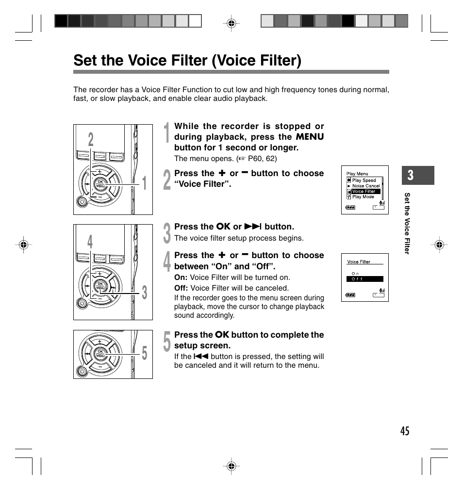 Set the voice filter (voice filter) | Olympus DS-40 User Manual | Page 45 / 87