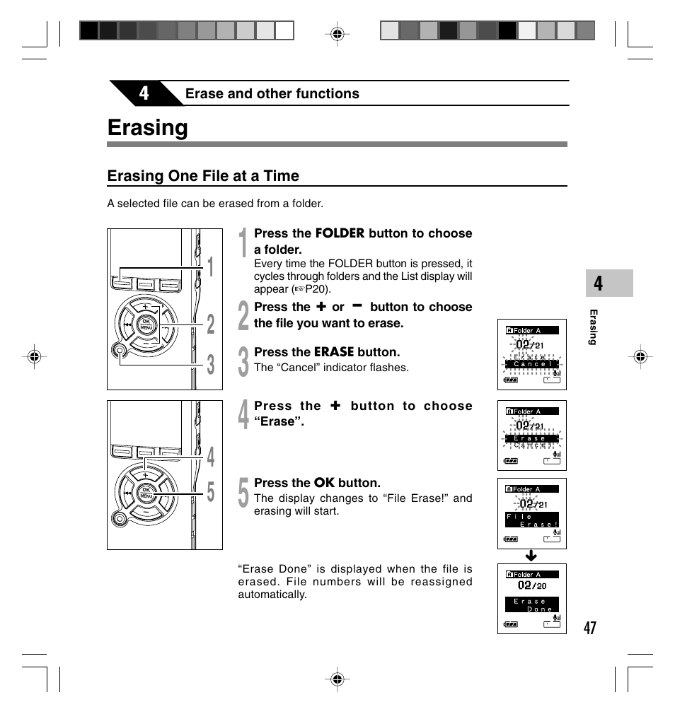 Erasing | Olympus DS-40 User Manual | Page 47 / 87
