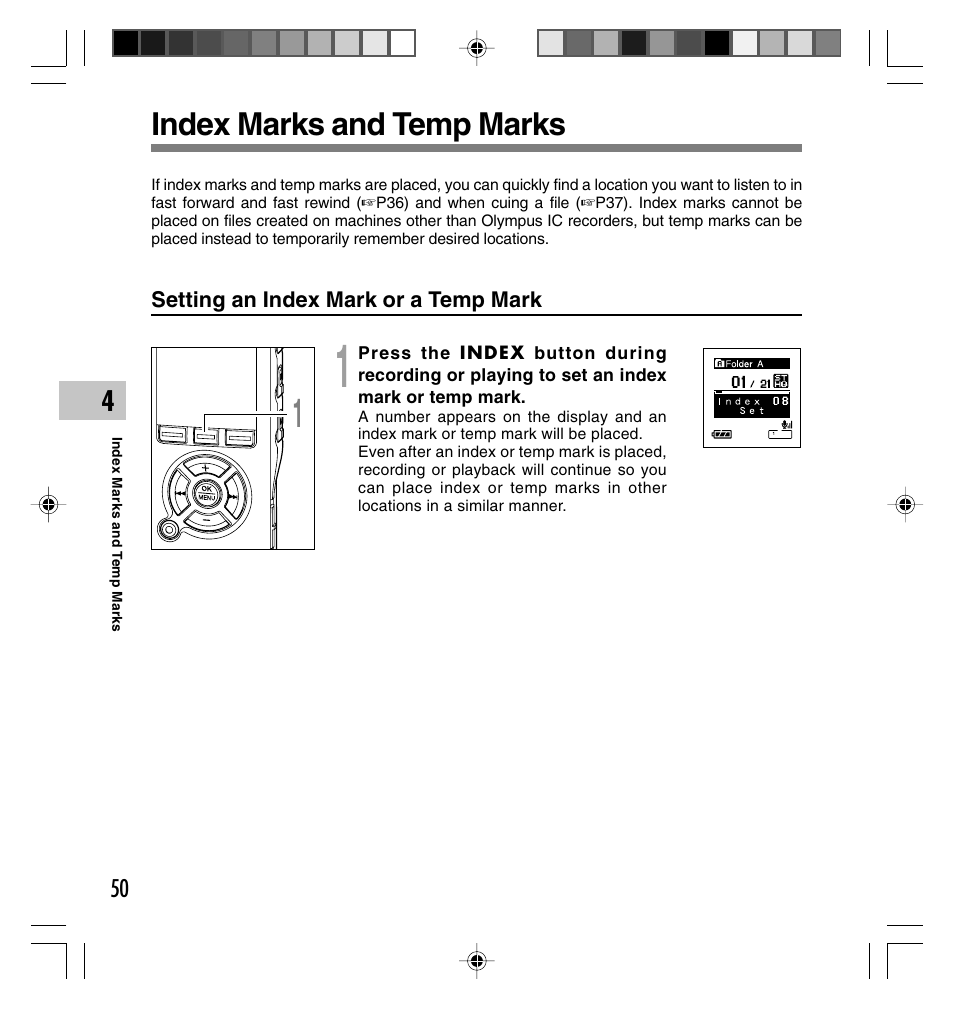 Index marks and temp marks | Olympus DS-40 User Manual | Page 50 / 87
