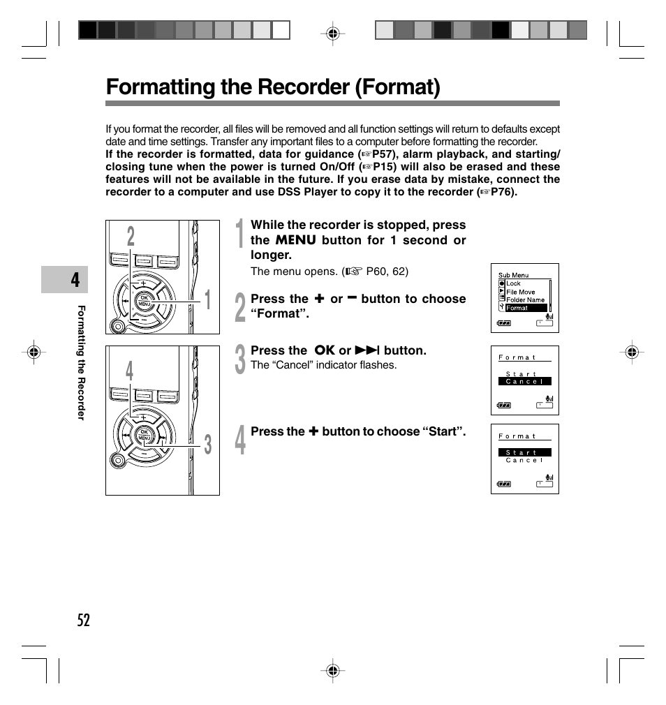 Formatting the recorder (format) | Olympus DS-40 User Manual | Page 52 / 87