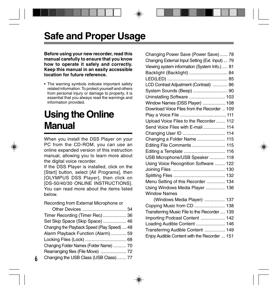 Safe and proper usage, Using the online manual | Olympus DS-40 User Manual | Page 6 / 87