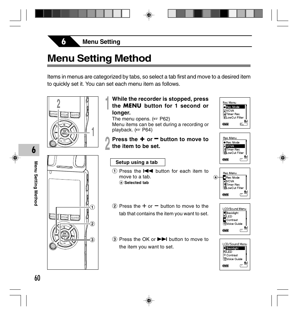 Menu setting method | Olympus DS-40 User Manual | Page 60 / 87