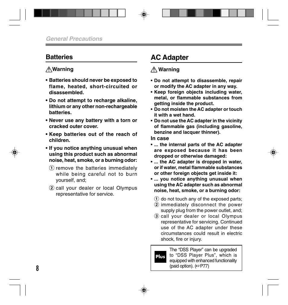 Ac adapter, Batteries, General precautions | Olympus DS-40 User Manual | Page 8 / 87