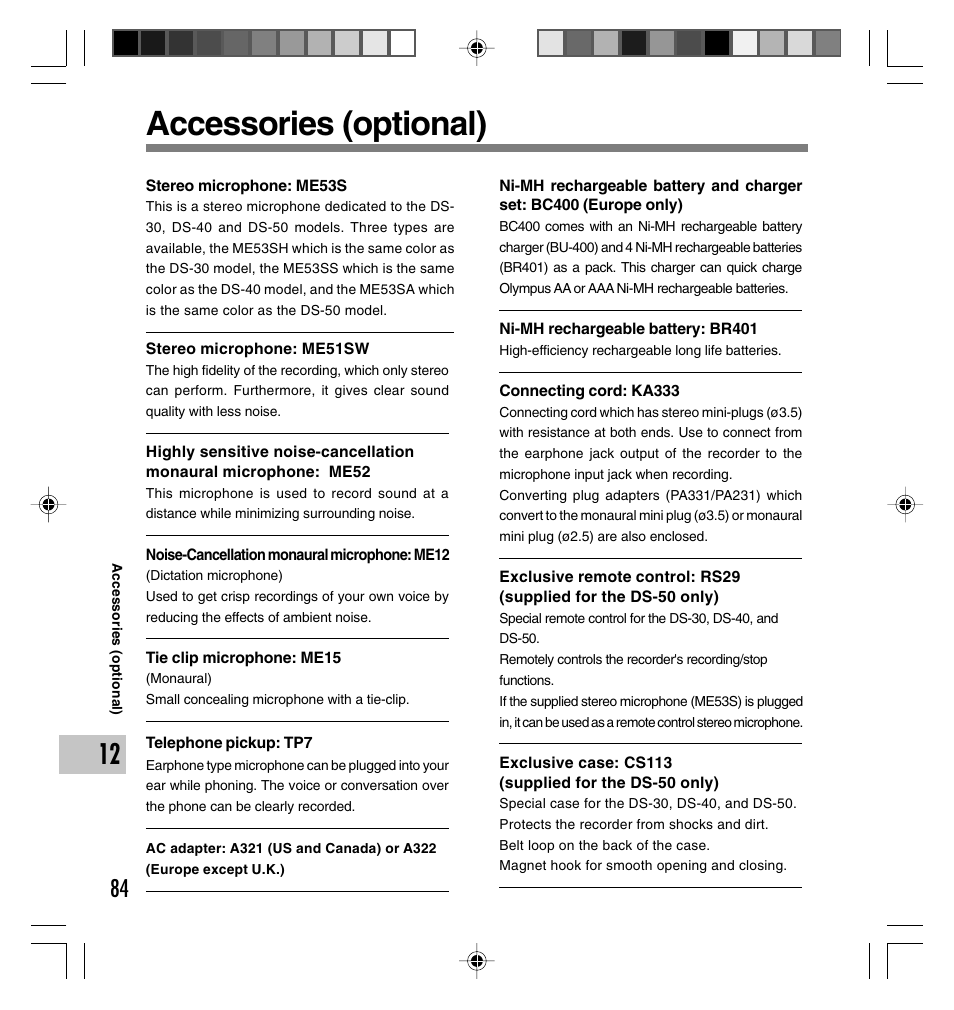 Accessories (optional) | Olympus DS-40 User Manual | Page 84 / 87