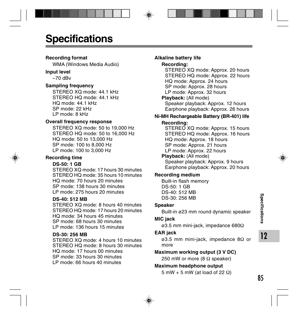 Specifications | Olympus DS-40 User Manual | Page 85 / 87