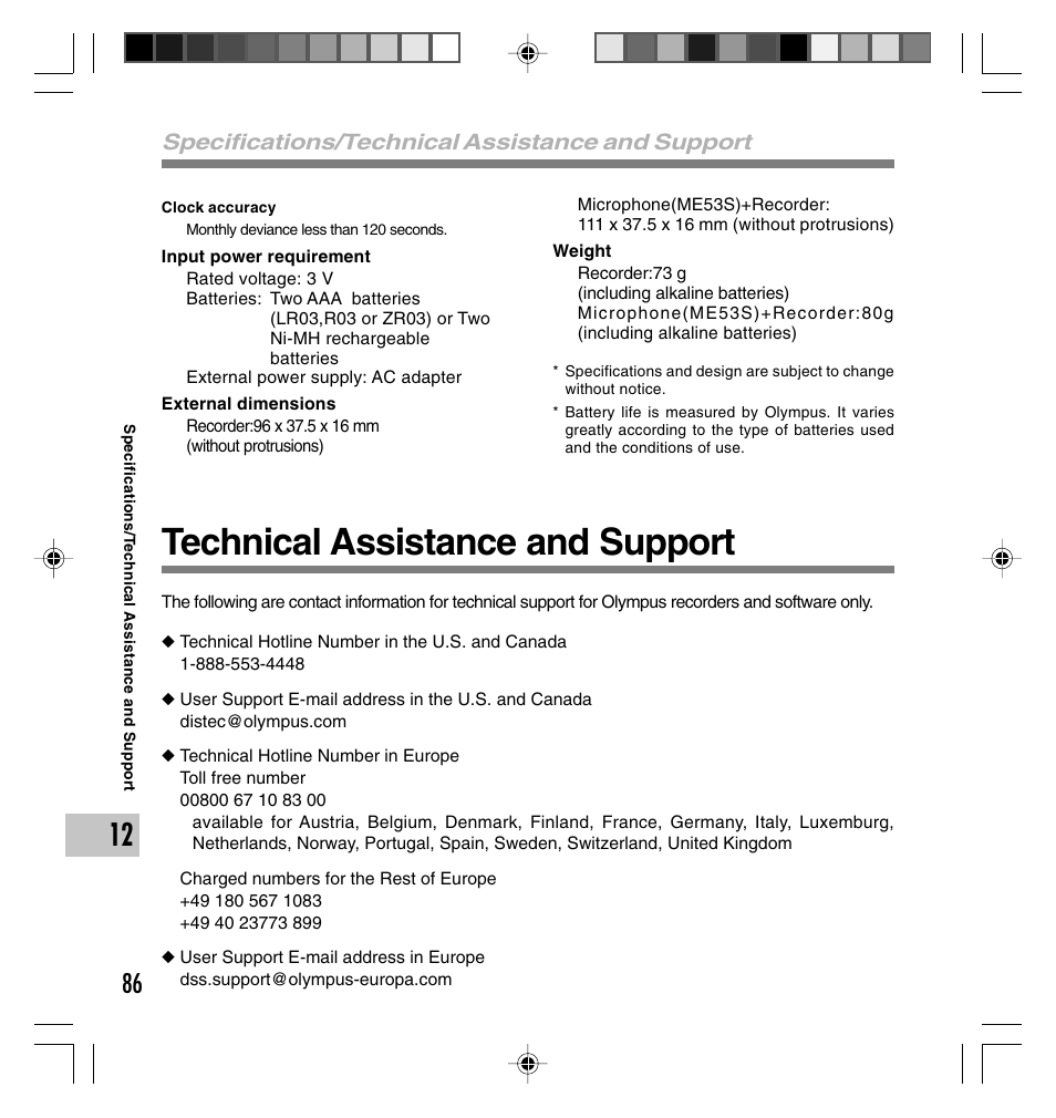 Technical assistance and support, Specifications/technical assistance and support | Olympus DS-40 User Manual | Page 86 / 87