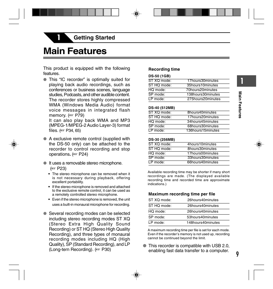 Main features, Getting started | Olympus DS-40 User Manual | Page 9 / 87