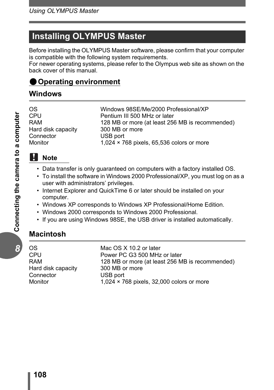 Installing olympus master, Gp. 108, Operating environment windows | Macintosh | Olympus C-500 Zoom  EN User Manual | Page 108 / 156