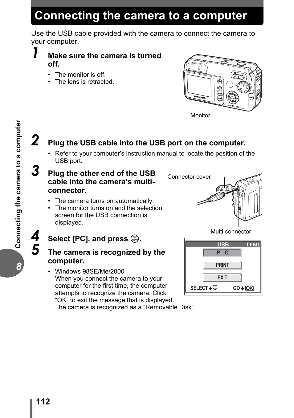Connecting the camera to a computer, Gp. 112 | Olympus C-500 Zoom  EN User Manual | Page 112 / 156