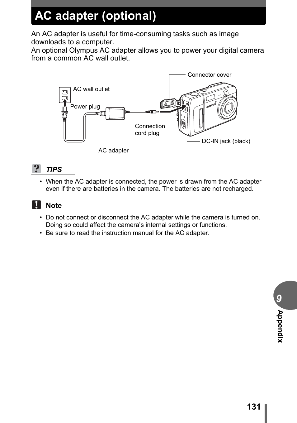 Ac adapter (optional) | Olympus C-500 Zoom  EN User Manual | Page 131 / 156
