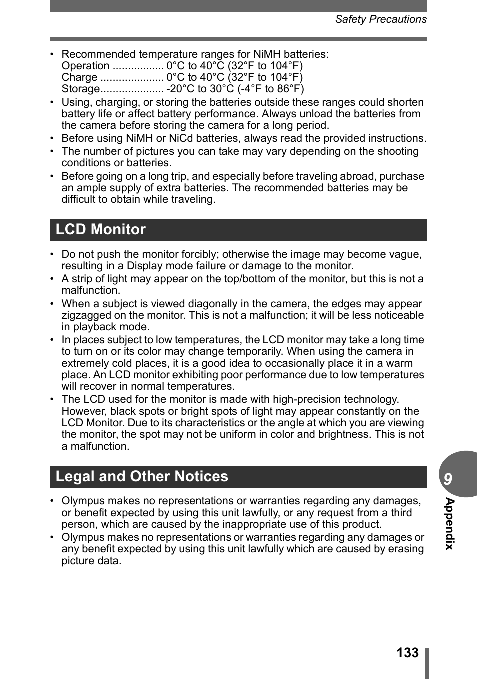Lcd monitor legal and other notices | Olympus C-500 Zoom  EN User Manual | Page 133 / 156