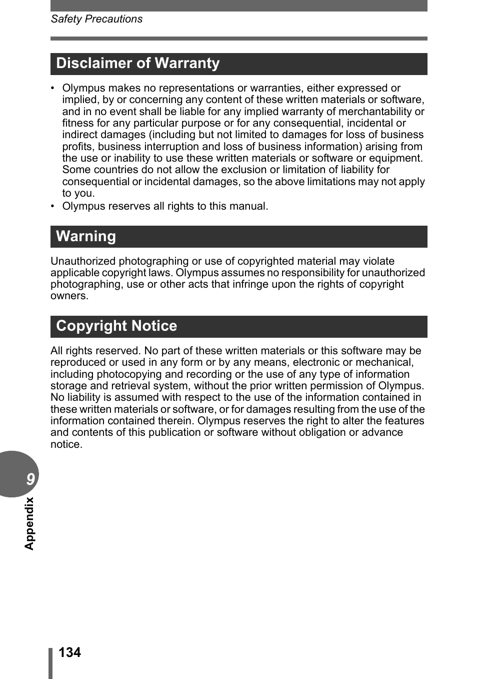 Disclaimer of warranty warning copyright notice | Olympus C-500 Zoom  EN User Manual | Page 134 / 156