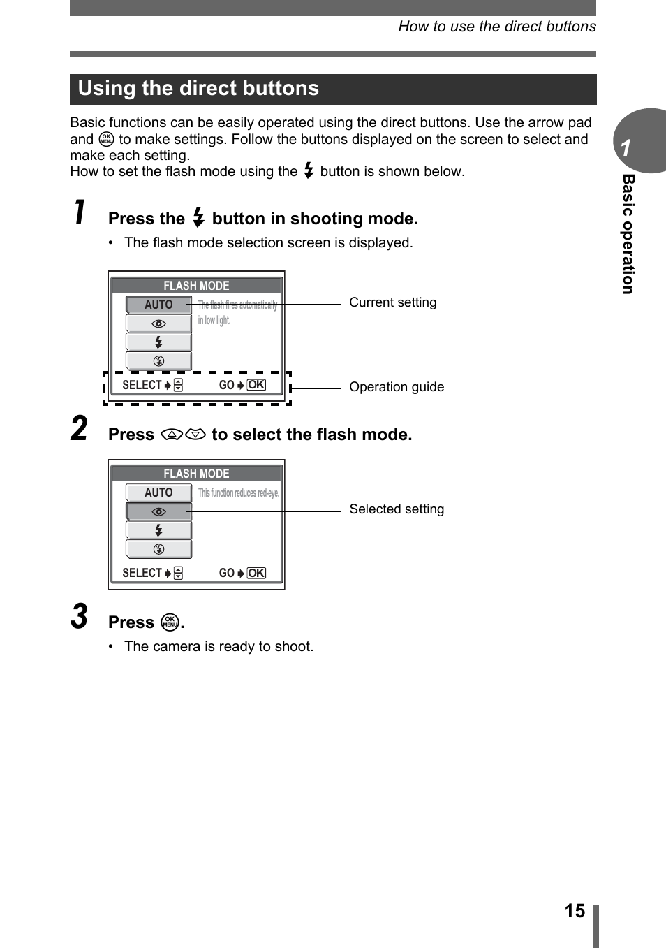 Using the direct buttons | Olympus C-500 Zoom  EN User Manual | Page 15 / 156