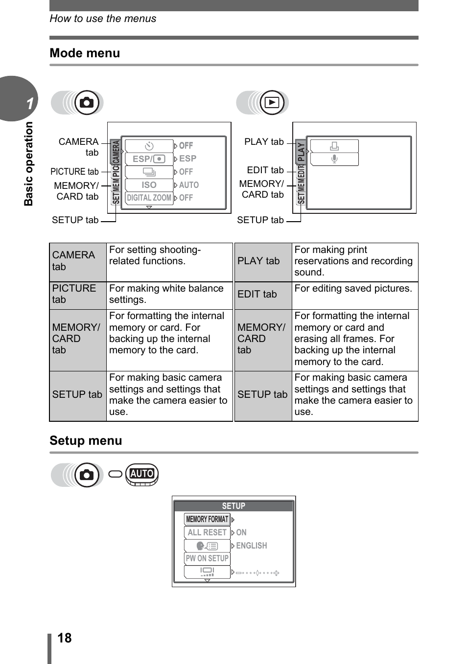 Mode menu setup menu, Ba sic opera ti o n | Olympus C-500 Zoom  EN User Manual | Page 18 / 156