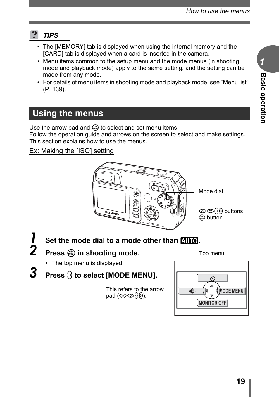 Using the menus | Olympus C-500 Zoom  EN User Manual | Page 19 / 156